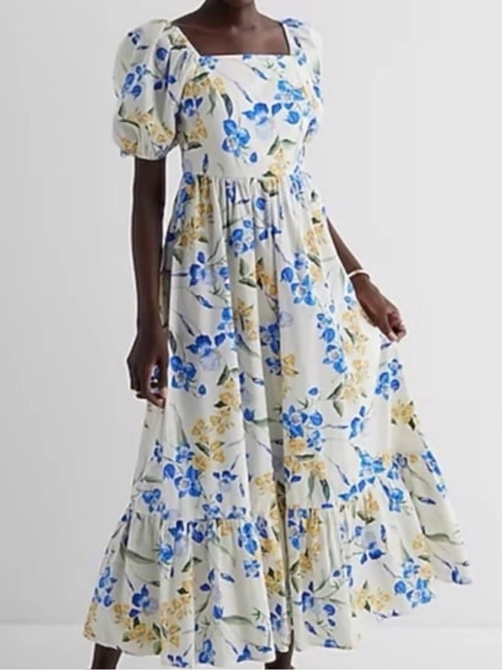 Express floral square neck, puff, sleeved tiered poplin midi dress